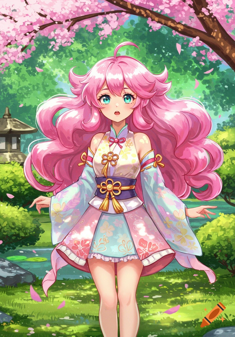 An anime girl with long pink hair and a patterned kimono stands in a cherry blossom garden.