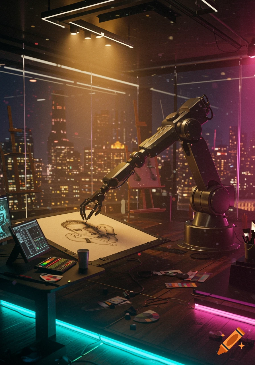 A robotic arm drawing on a large tablet in a futuristic art studio overlooking a neon-lit city at night.