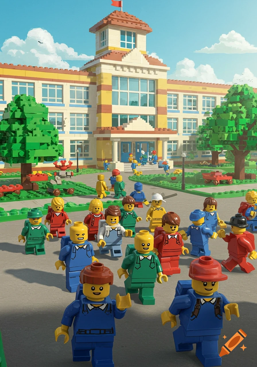 Lego minifigures resembling children walk towards a colorful Lego school building under a blue sky.