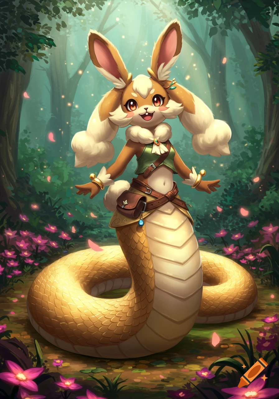 A cute bunny-eared creature with a snake tail stands in a lush, whimsical forest with pink flowers, in a soft painterly style.