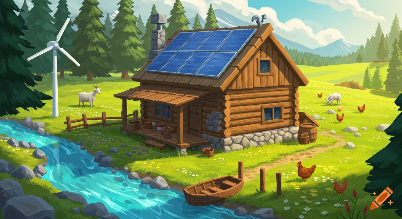 Cartoon illustration of a rustic off-grid cabin with solar panels, a wind turbine, a stream, goats, and chickens in a lush meadow and forest.