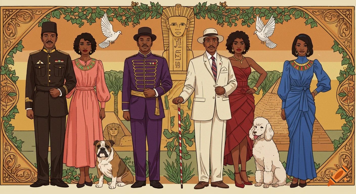 An illustrative banner depicting multiple African American men and women in stylish outfits alongside a sphinx, pyramid, doves, bulldog, and poodle.