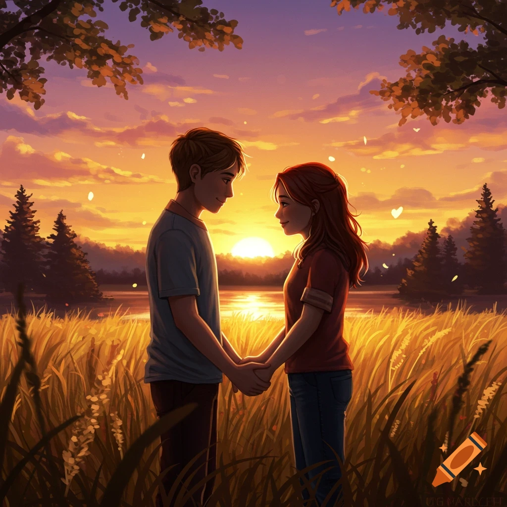 A stylized illustration of a young couple holding hands in a golden field at sunset.