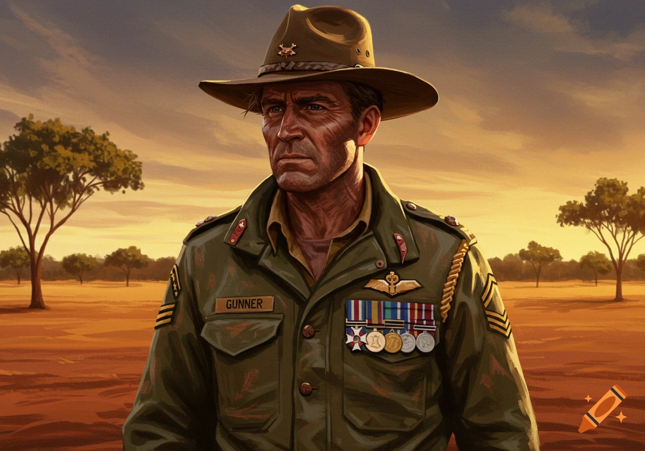 Painterly portrait of an Australian soldier in uniform and hat, standing in a vast, dry landscape at sunset.