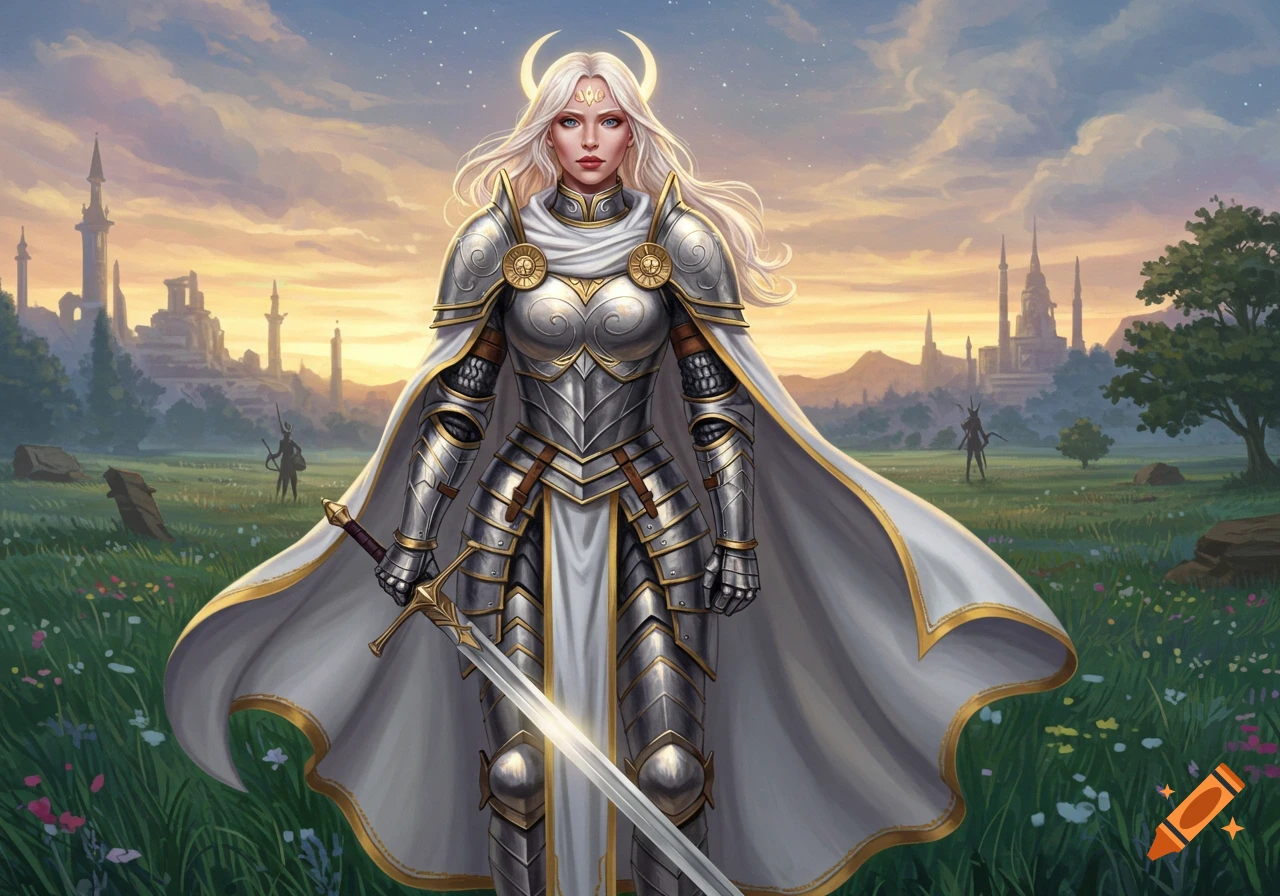 A female cleric with platinum hair in shining silver armor and white cape stands holding a sword in a grassy field with castles in the distance under a sunset sky.