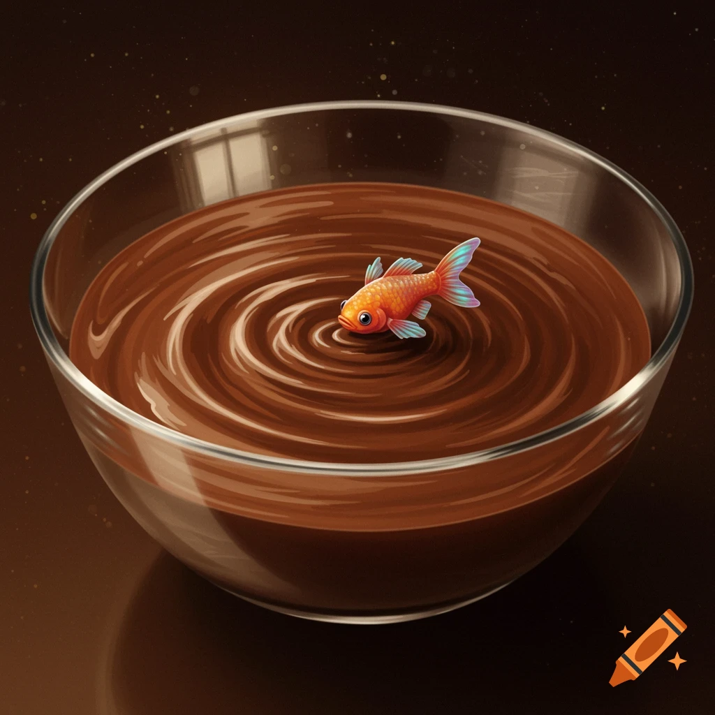 A small colorful fish swims in a bowl of rich, swirling chocolate.