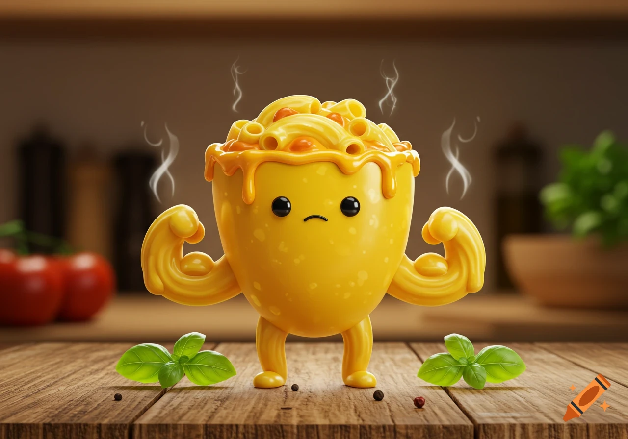 A cute, buff mac and cheese character with small black eyes and a frown, showing off its biceps on a wooden table with basil leaves.