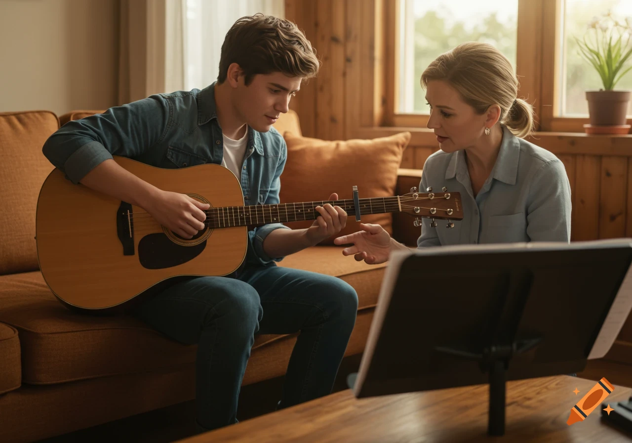 A young man plays an acoustic guitar while a woman guides his hand during a private lesson in a cozy, bright room.