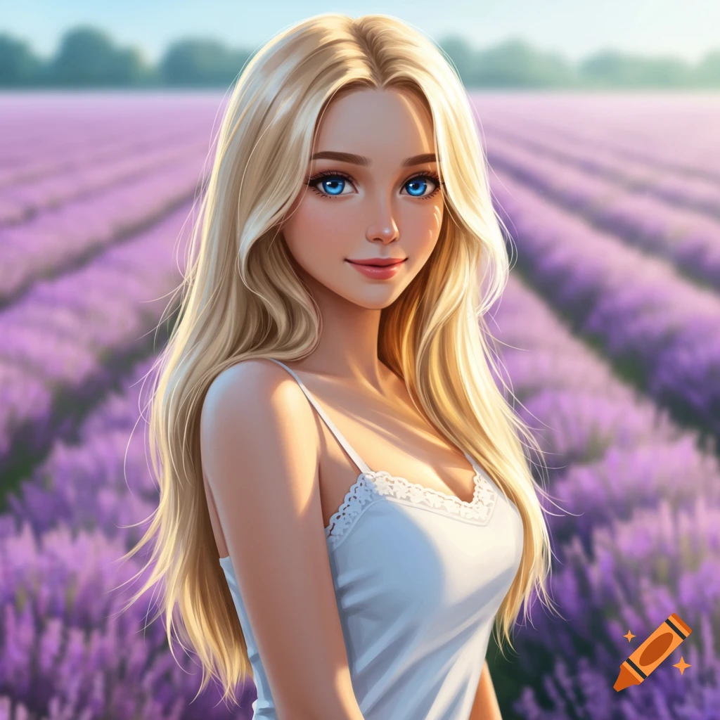 Digital art portrait of a smiling blonde woman with blue eyes in a lavender field.