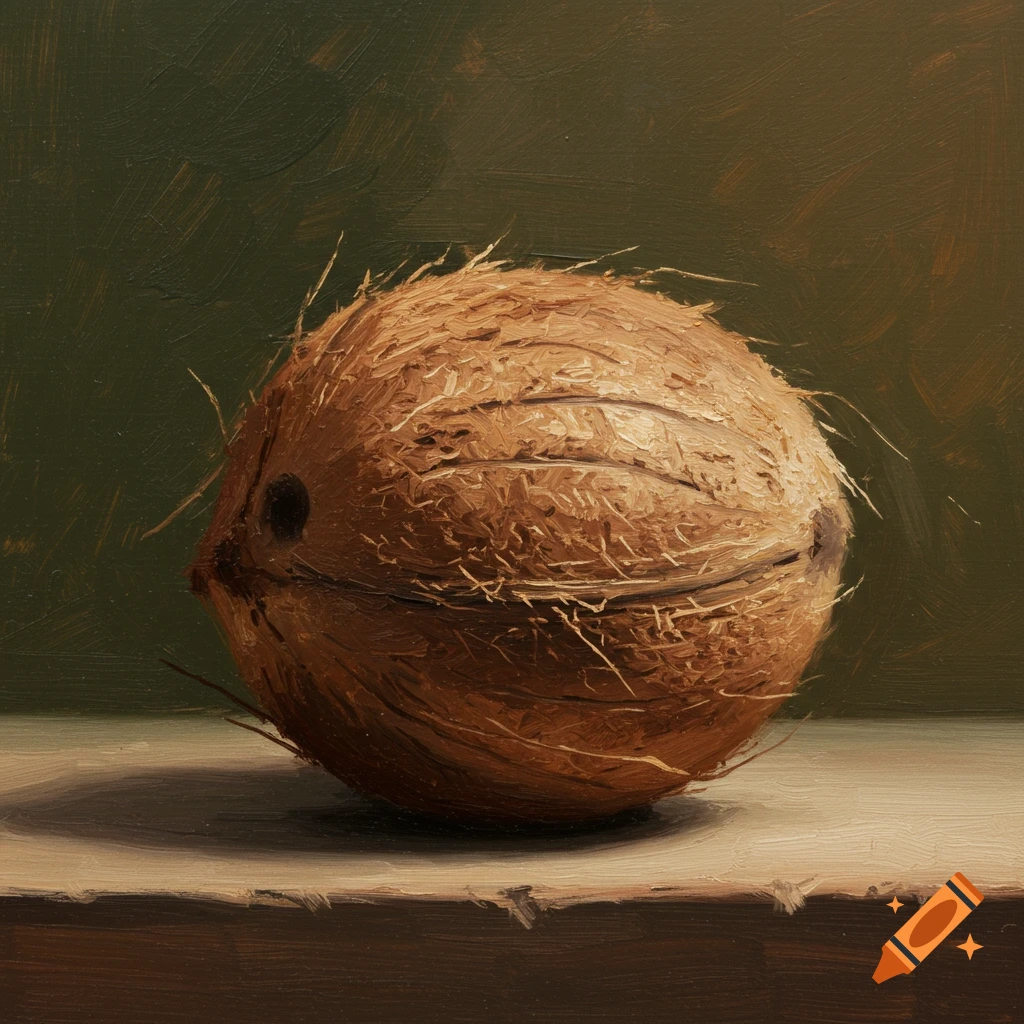 A still life oil painting of a single coconut on a wooden surface against a dark green background, with visible brushstrokes.