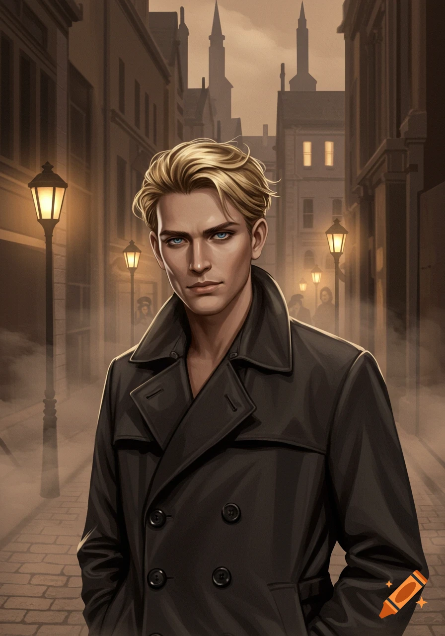 Blond man in a trench coat on a misty, gas-lit city street in an illustrated style.