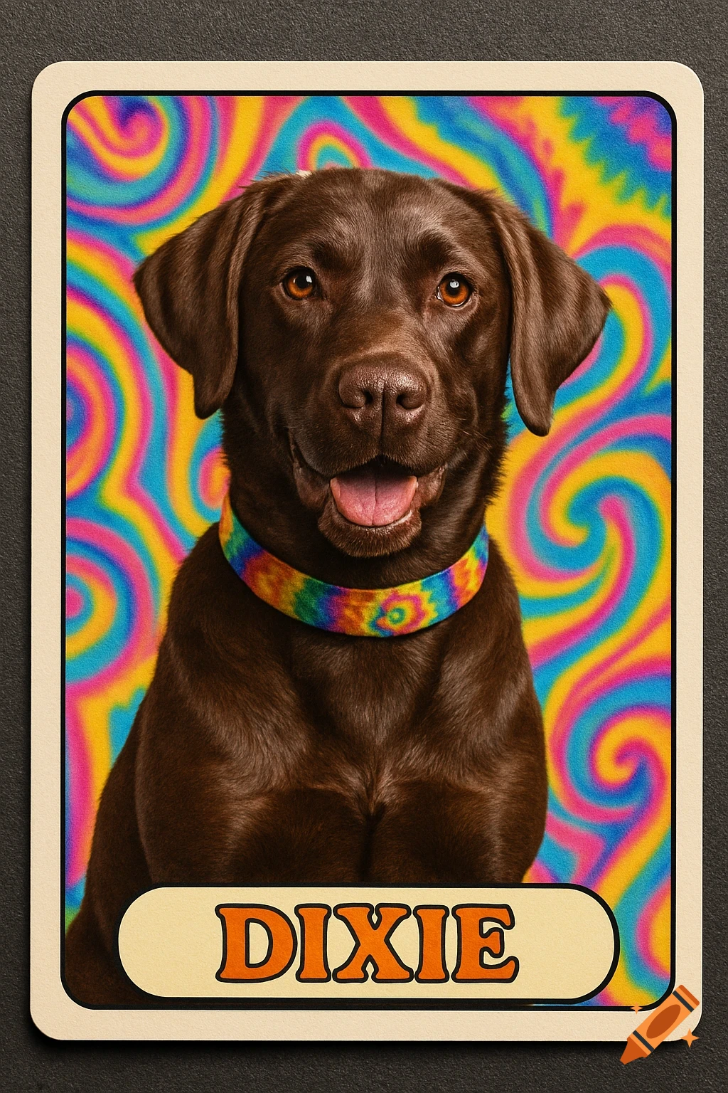 A photo-realistic chocolate Labrador retriever wearing a tie-dye collar on a trading card with a vibrant psychedelic background. The name 'DIXIE' is at the bottom.