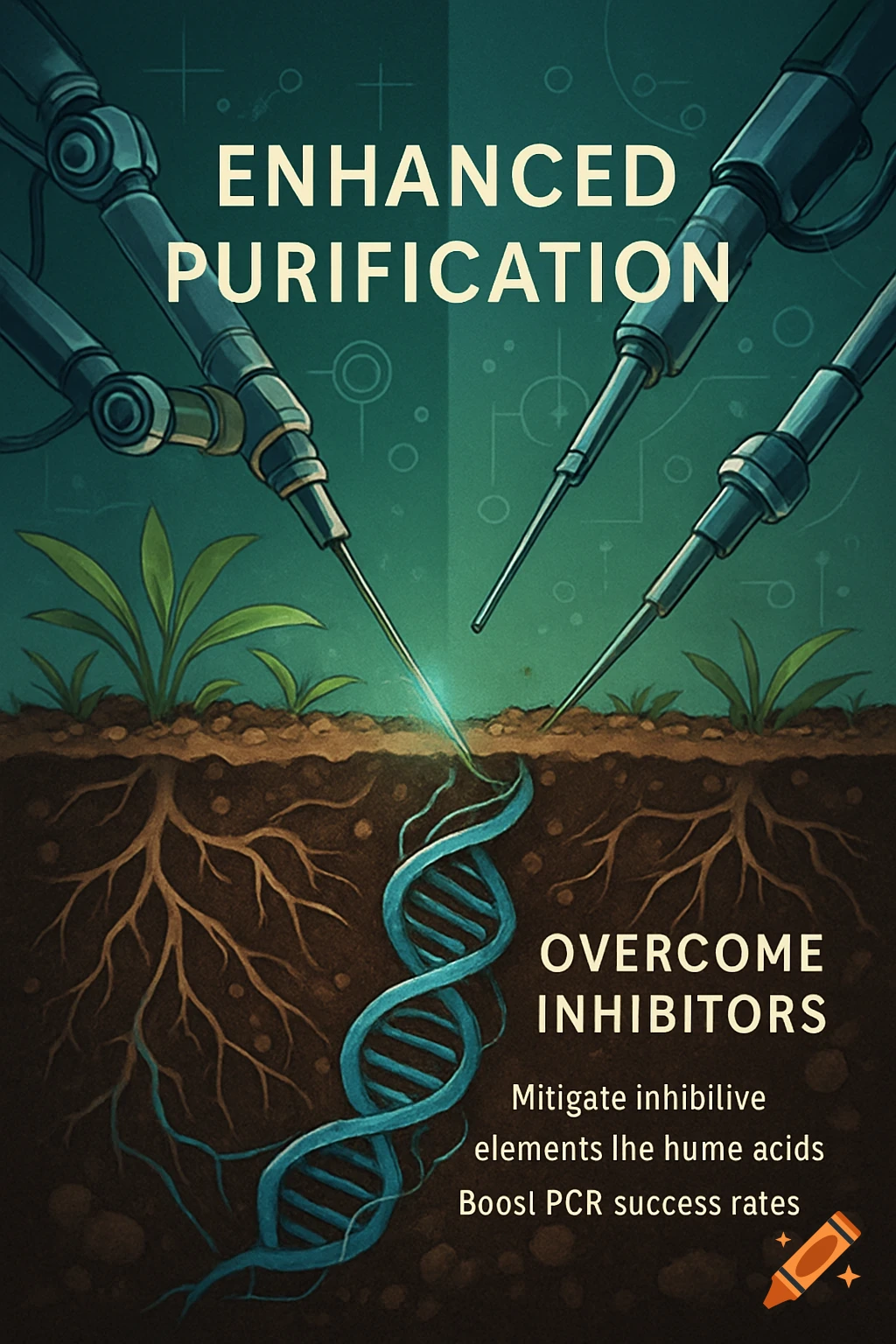 Illustrated diagram showing robotic arms performing enhanced purification on a DNA helix intertwined with plant roots in soil.