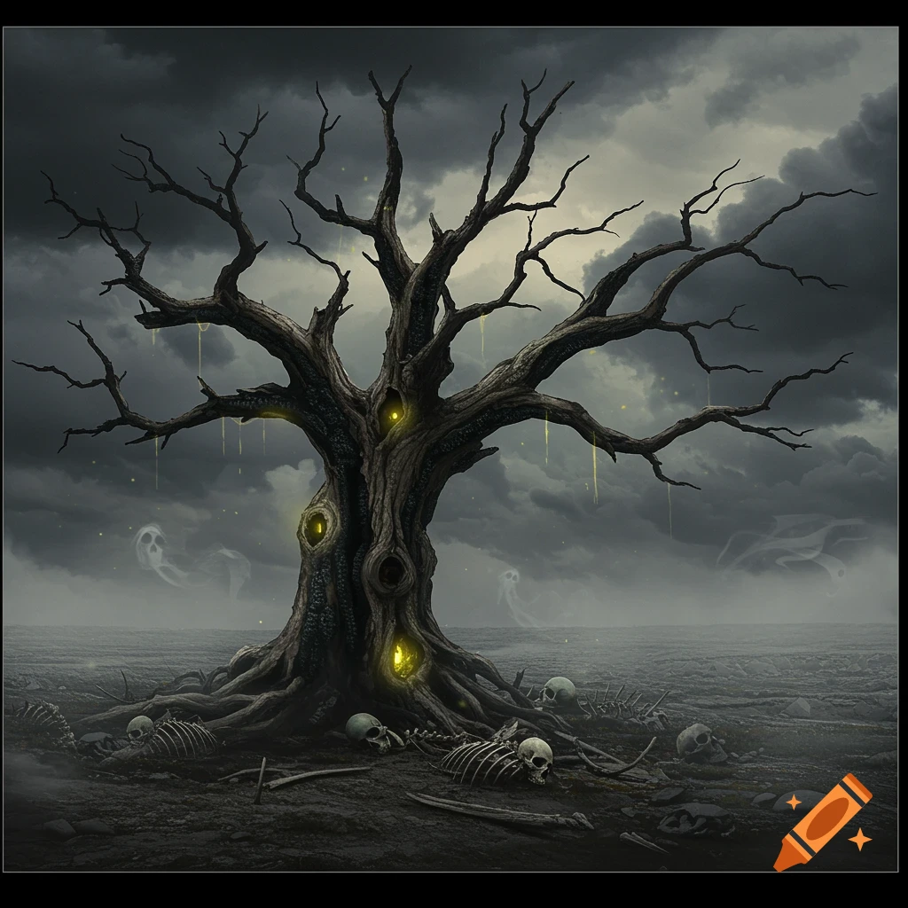 A gnarled, dead tree with glowing holes stands amidst skeletons and mist under a stormy sky in a dark fantasy illustration.