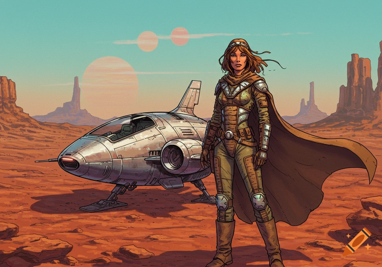 A female science fantasy adventurer stands in a desert landscape with her small spacecraft under a sky with two suns, in an illustrated style.