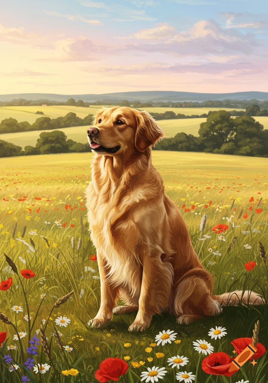 A golden retriever sits in a vibrant field of colorful wildflowers under a bright sky.