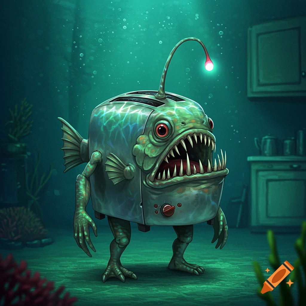 A monstrous green anglerfish-toaster hybrid with arms and legs stands on the ocean floor in an eerie underwater kitchen.