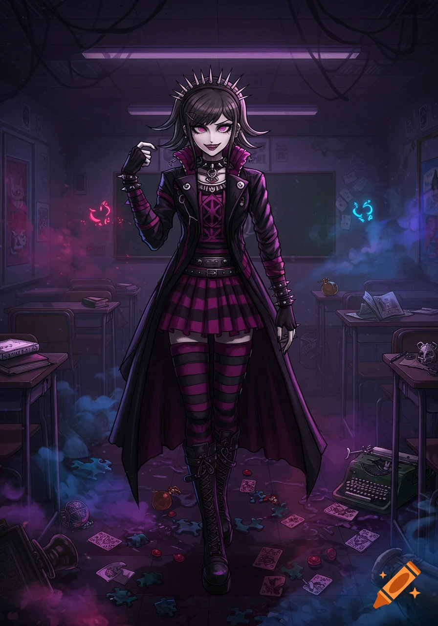 A dark anime-style character with spiked hair, a long black coat, plaid skirt, and striped stockings stands in a messy, dimly lit classroom with glowing elements.