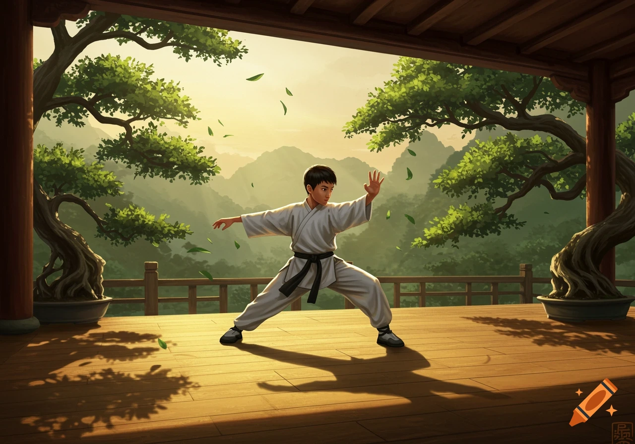 A young boy in a white martial arts gi and black belt performs a pose on a wooden veranda overlooking mountains at sunrise.