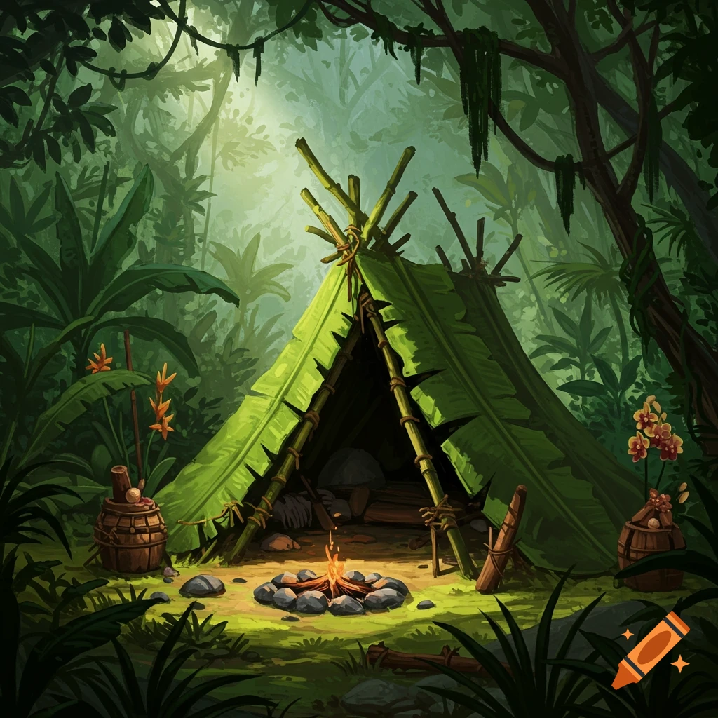 A lush jungle scene with a makeshift tent made of leaves and bamboo, a campfire, and tropical plants in a detailed, illustrative style.