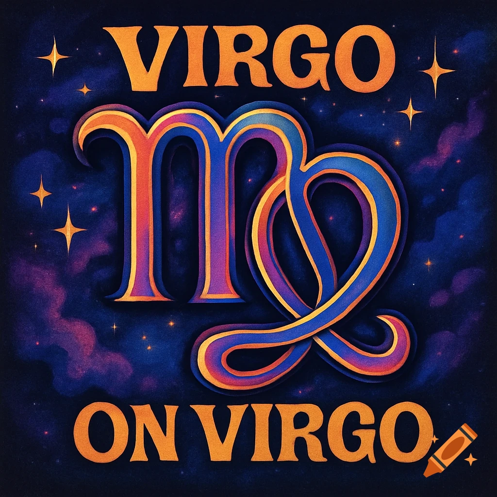 Stylized Virgo zodiac logo with 'VIRGO ON VIRGO' text, vibrant colors, and starry night sky background.
