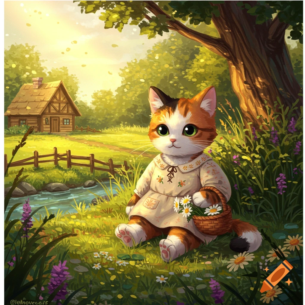 An adorable calico cat in a dress sits by a stream with a basket of daisies, in a sunny, illustrative cottagecore landscape.