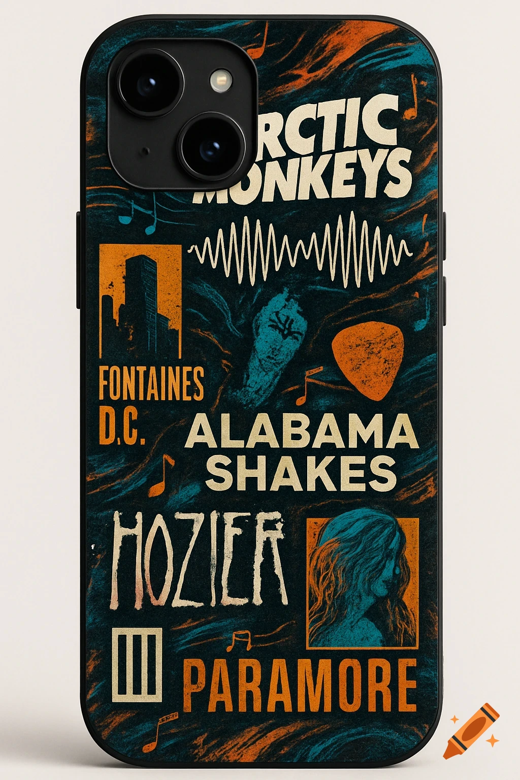 A phone case featuring a grunge-style music poster design with band names Arctic Monkeys, Fontaines D.C., Alabama Shakes, Hozier, and Paramore.
