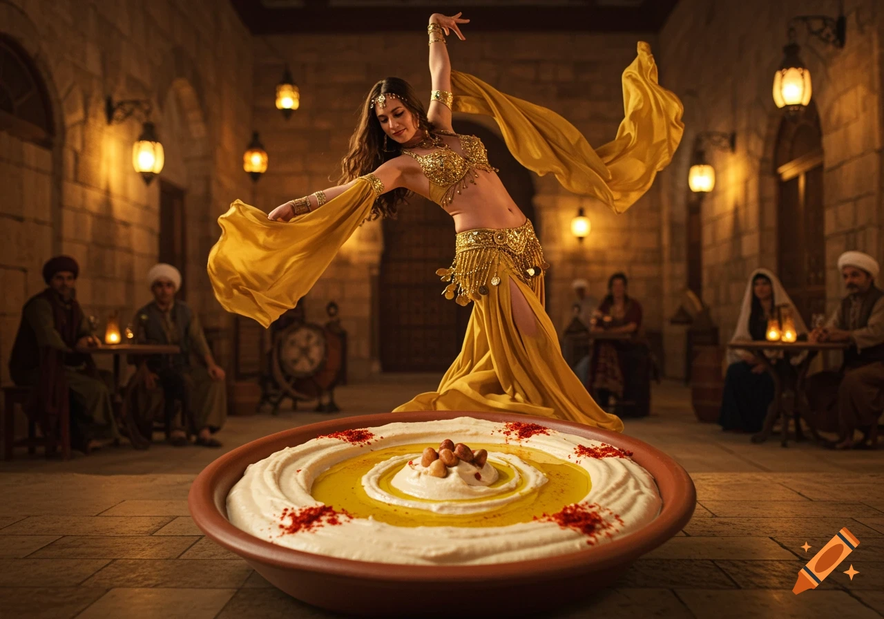 A belly dancer in a golden costume poses over a large bowl of hummus in a Middle Eastern-style indoor setting.