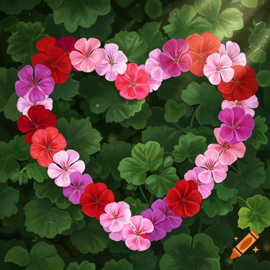 Red, pink, and purple geranium flowers form a heart shape against a dark green leafy background.