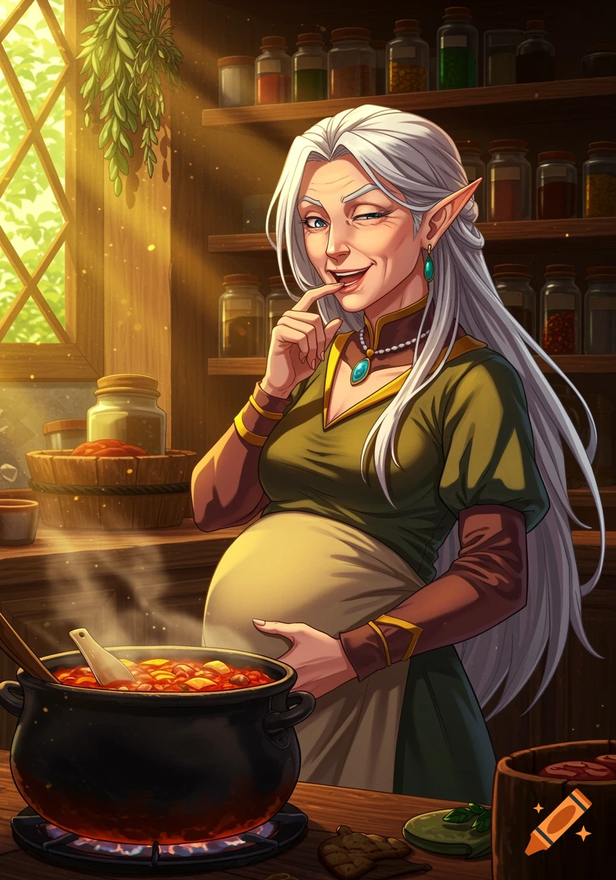 An anime-style pregnant elven woman winks and smiles while cooking stew in a sunlit kitchen.