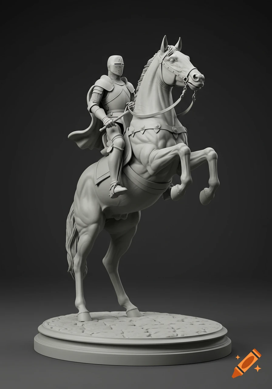 A grayscale digital sculpture of a medieval knight on a rearing horse, standing on a round base.