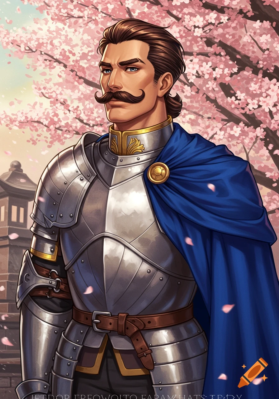 Anime style portrait of a dapper knight with a thick mustache and blue cape, standing amidst cherry blossoms.