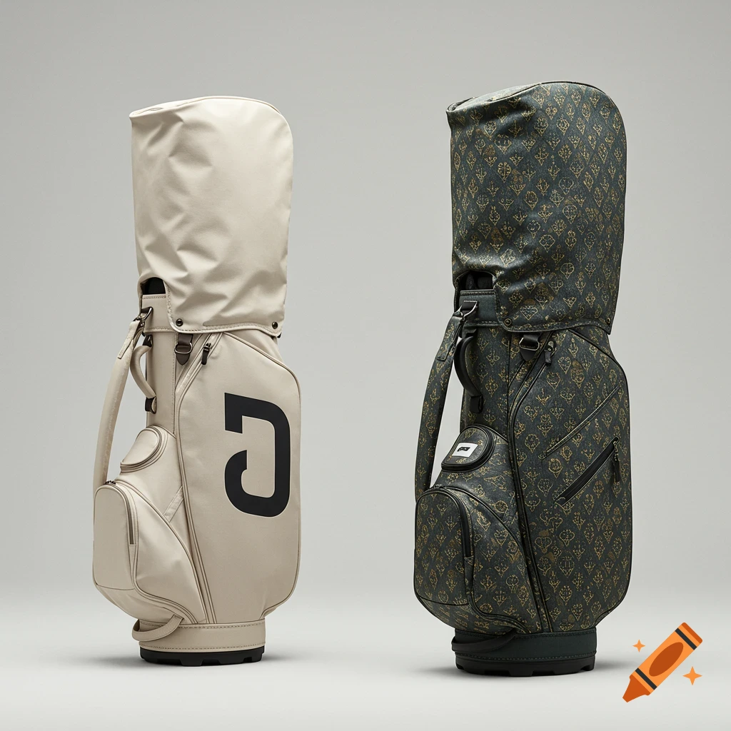 Two golf bags, one cream with a black logo and one dark green with a gold pattern, side by side on a light gray background, product photography style.