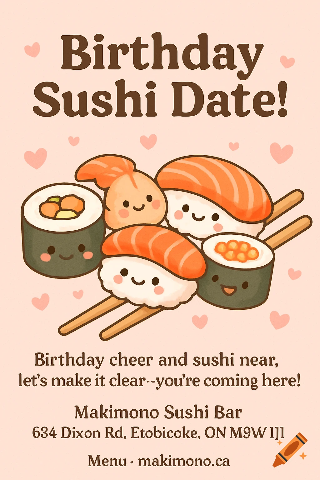 A cute digital birthday invitation with kawaii sushi characters on a soft pink background with hearts and text.