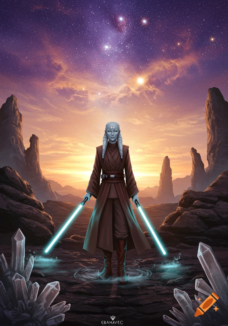Grey-skinned alien in brown robes holds two blue lightsabers on a rocky alien planet under a vibrant starry sky.