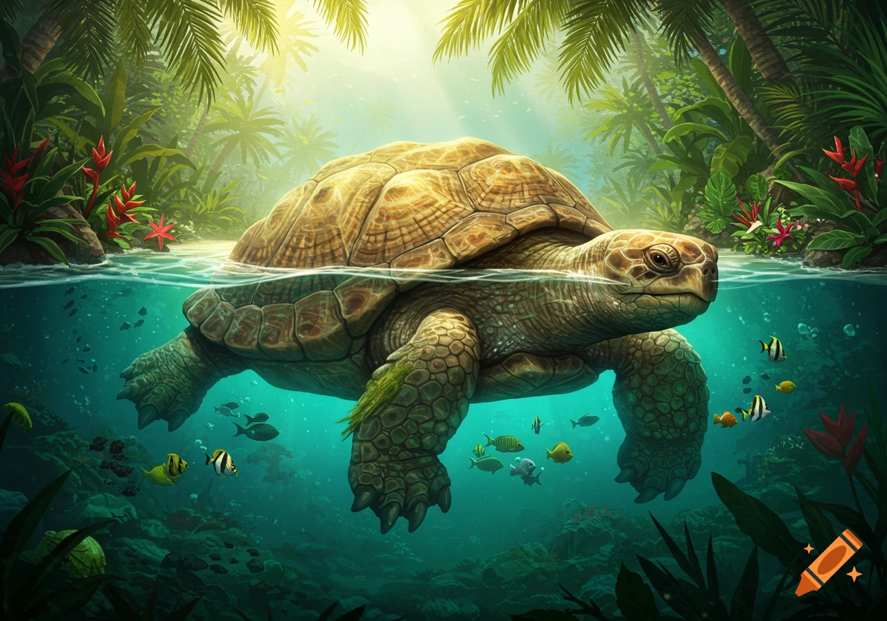 A large turtle floats half-submerged in clear tropical water, surrounded by colorful fish and lush jungle foliage.
