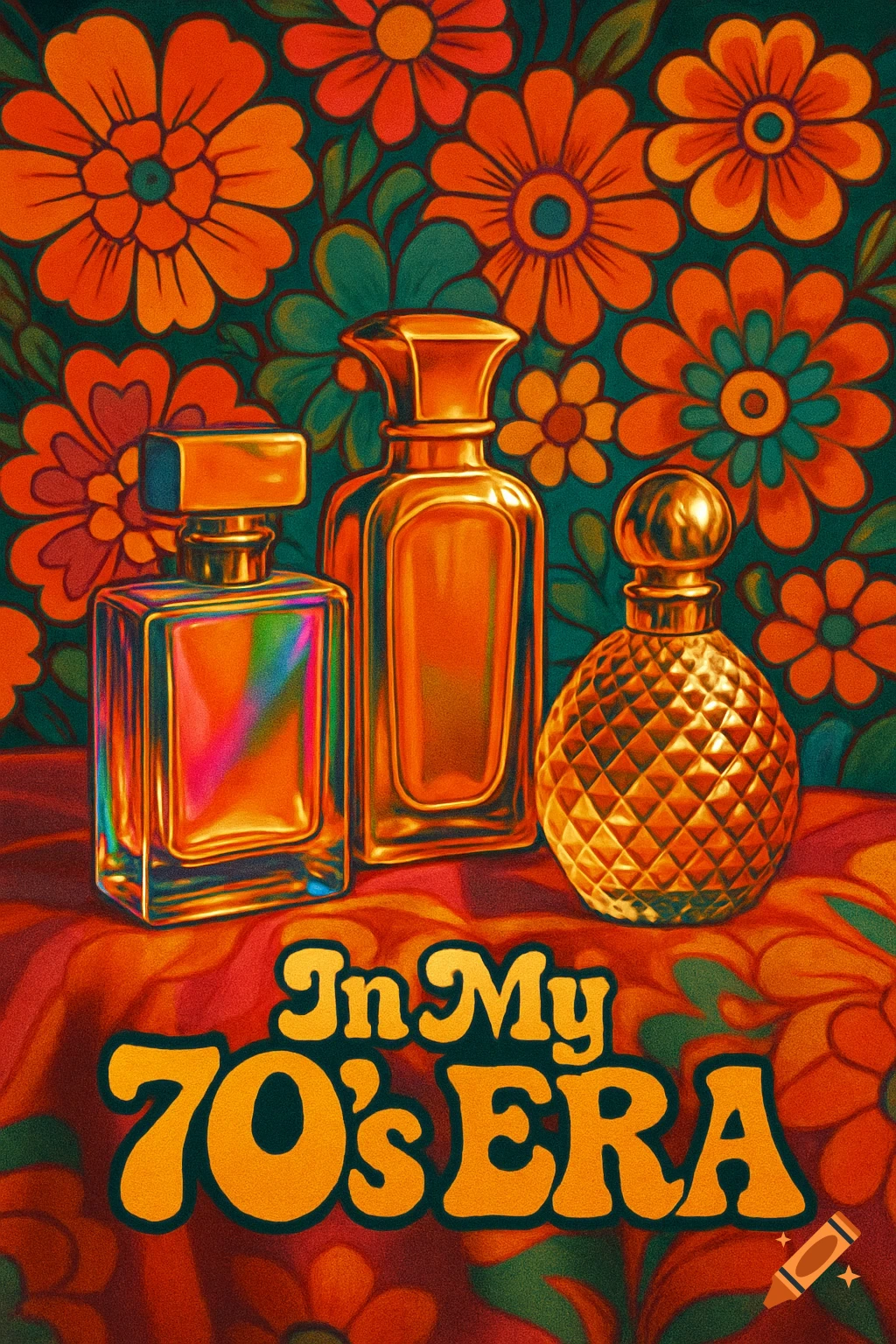 Three perfume bottles on a patterned cloth in front of a vibrant floral background, with the text 'In My 70's ERA' in a retro 1970s style.
