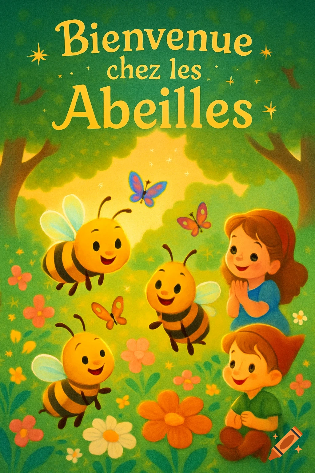 Two cartoon children and three happy bees in a vibrant, Disney-style forest with flowers and butterflies, "Bienvenue chez les Abeilles" title.