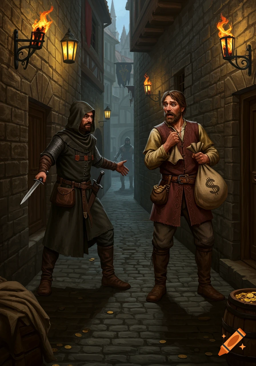 A cloaked man with a knife confronts a frightened man holding a money bag in a dark, narrow medieval alleyway, in a board game art style.