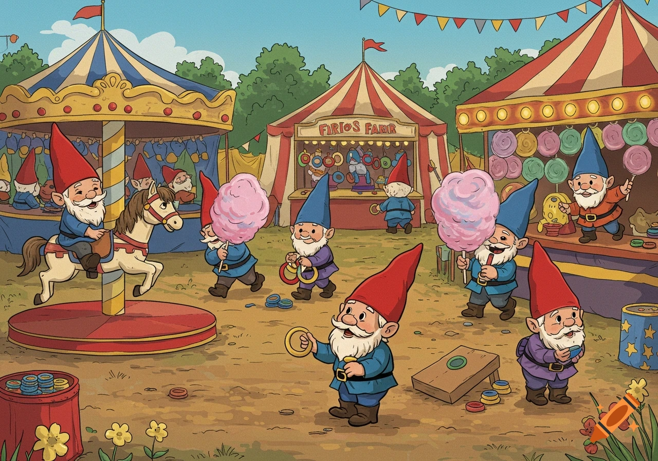 A fun cartoon scene of various gnomes at a bustling county fair, with a gnome riding a carousel horse, others holding cotton candy, and some playing ring toss games.