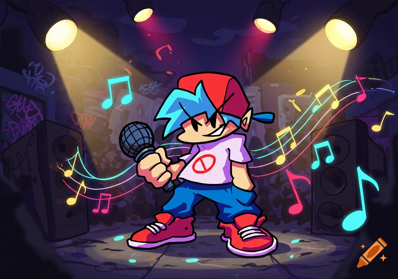 A blue-haired cartoon character in a red cap holds a microphone on a stage surrounded by glowing music notes and spotlights.