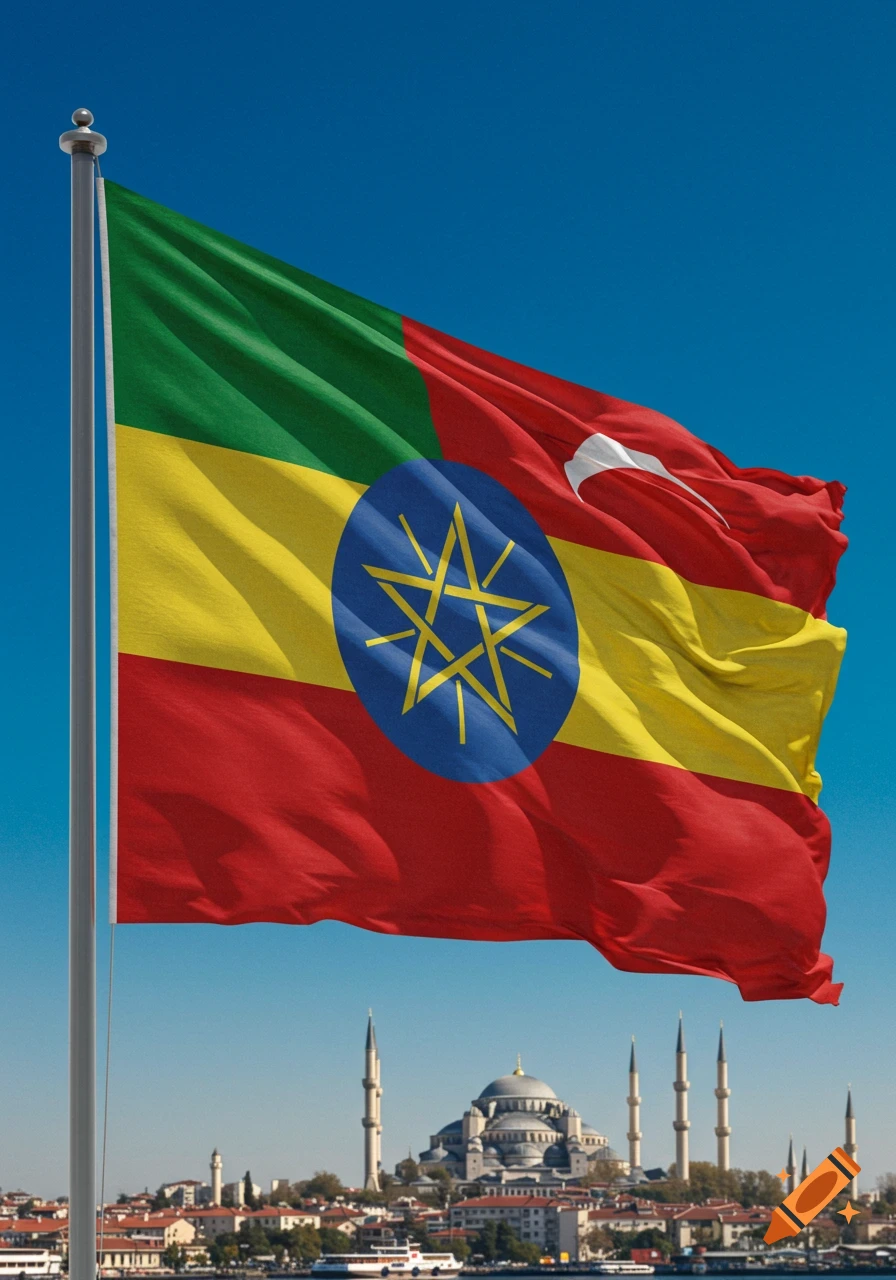 A combined Ethiopian and Turkish flag waves against a clear blue sky, with Istanbul's Hagia Sophia and minarets in the background.