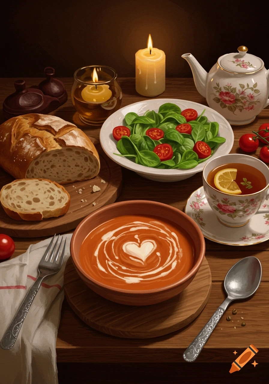 A cozy dinner table with tomato soup, bread, salad, tea, and lit candles, featuring a heart in the soup.