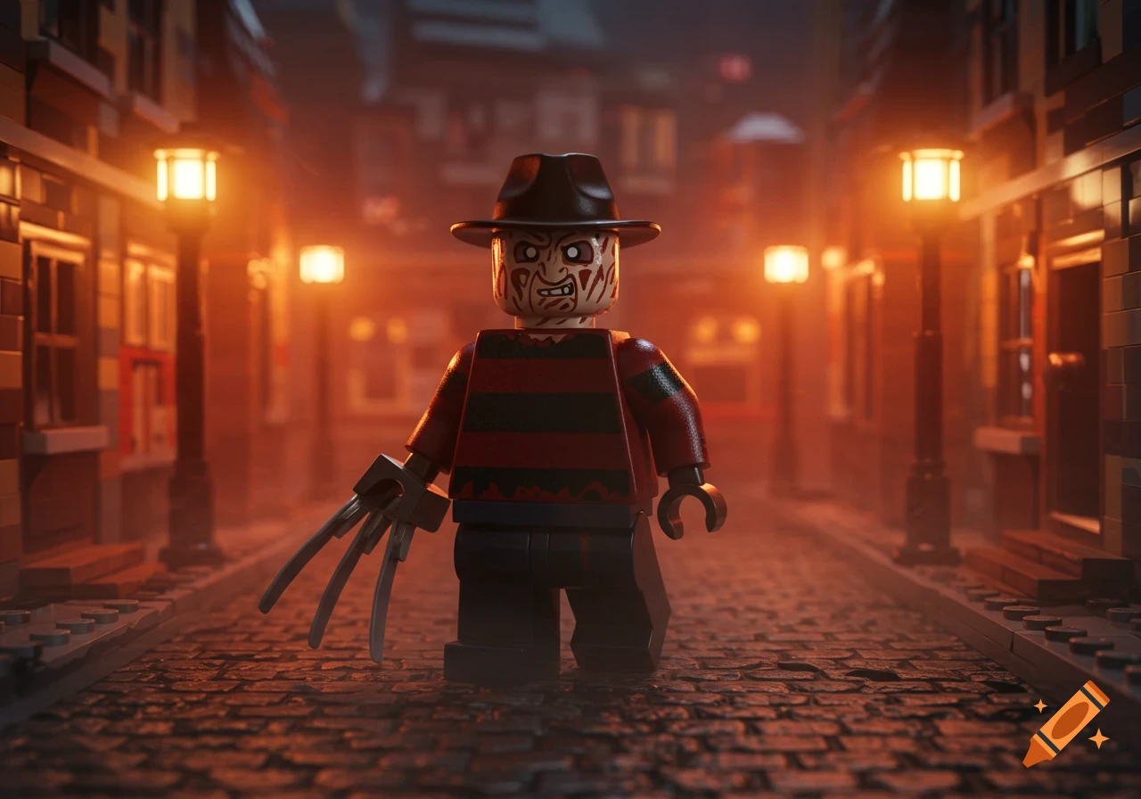 A Lego Freddy Krueger minifigure stands on a cobbled street at night, illuminated by orange streetlights.