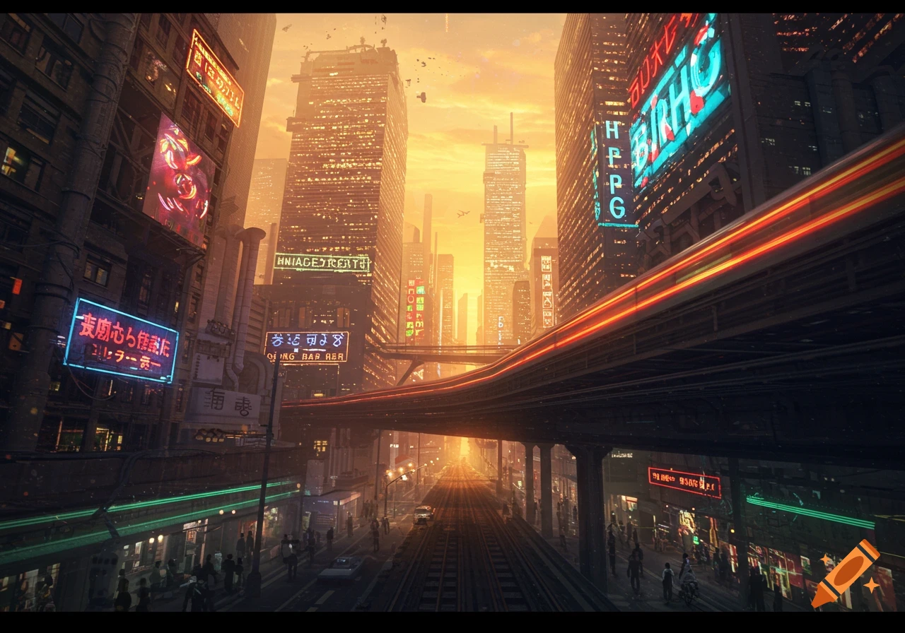 A vibrant cyberpunk cityscape at sunset with towering skyscrapers, glowing neon signs, and an elevated train track with blurred red light trails.