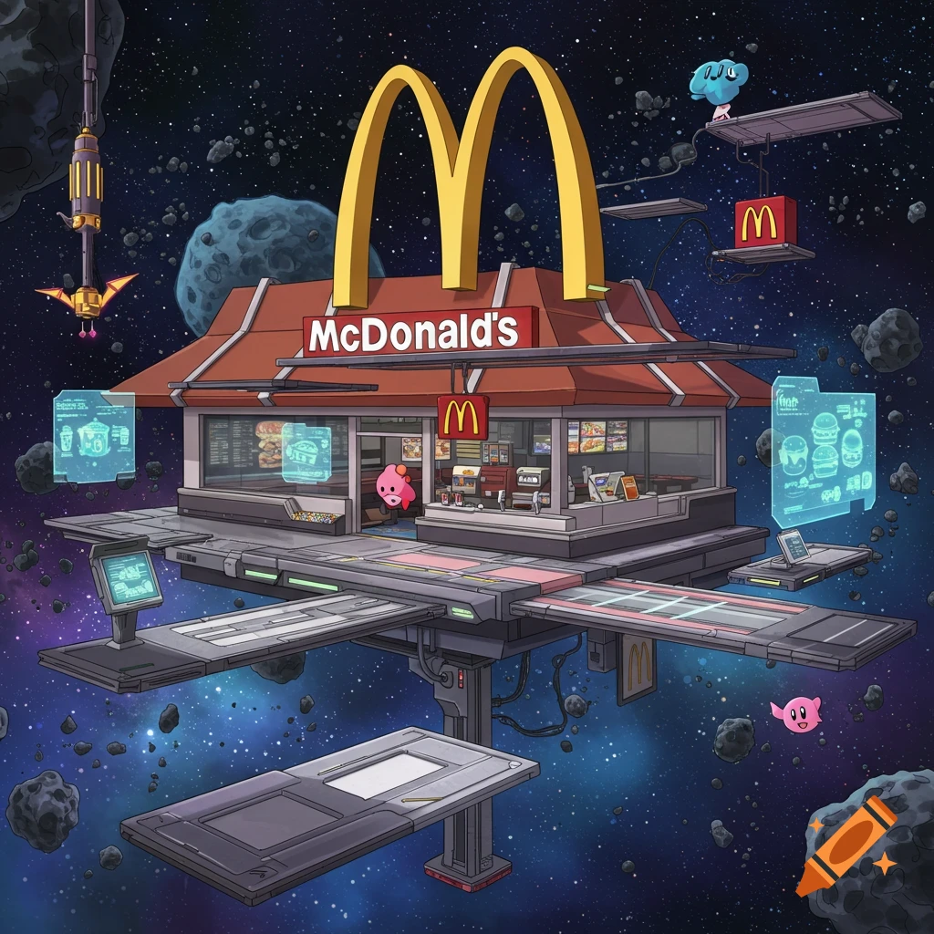 A cartoon McDonald's restaurant floats in outer space with golden arches, holographic menus, and small pink and blue creatures.