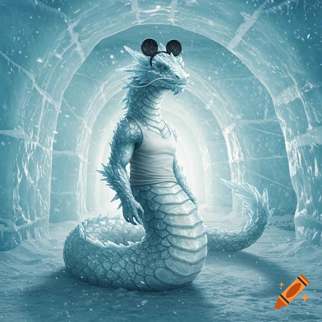 An ice dragon-like creature in a white tank top and black Mickey Mouse ears stands in a glowing ice tunnel.