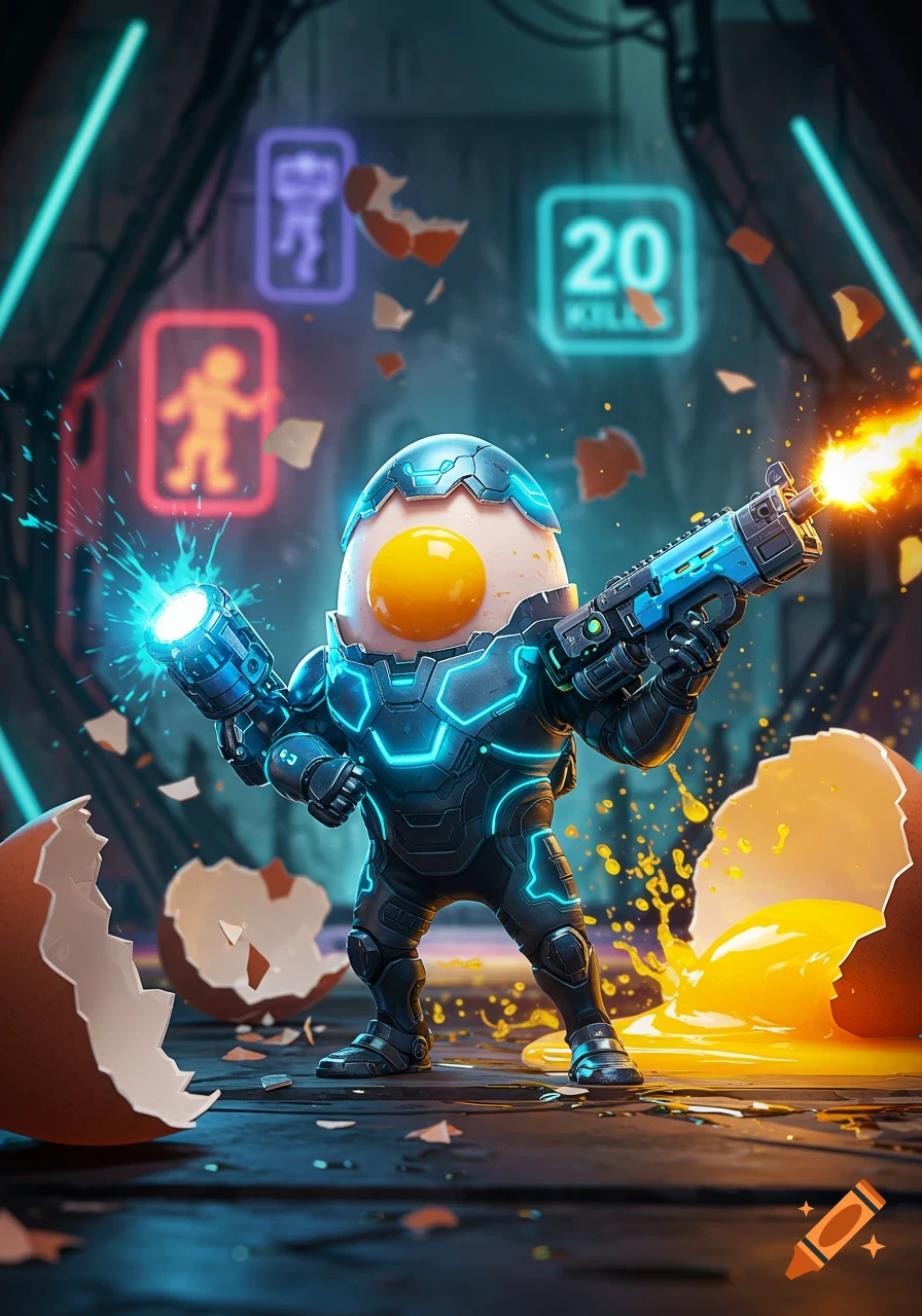 A combat egg in futuristic blue and black armor holds two glowing guns, surrounded by broken eggshells and glowing neon signs, one reading '20 KILLS'.