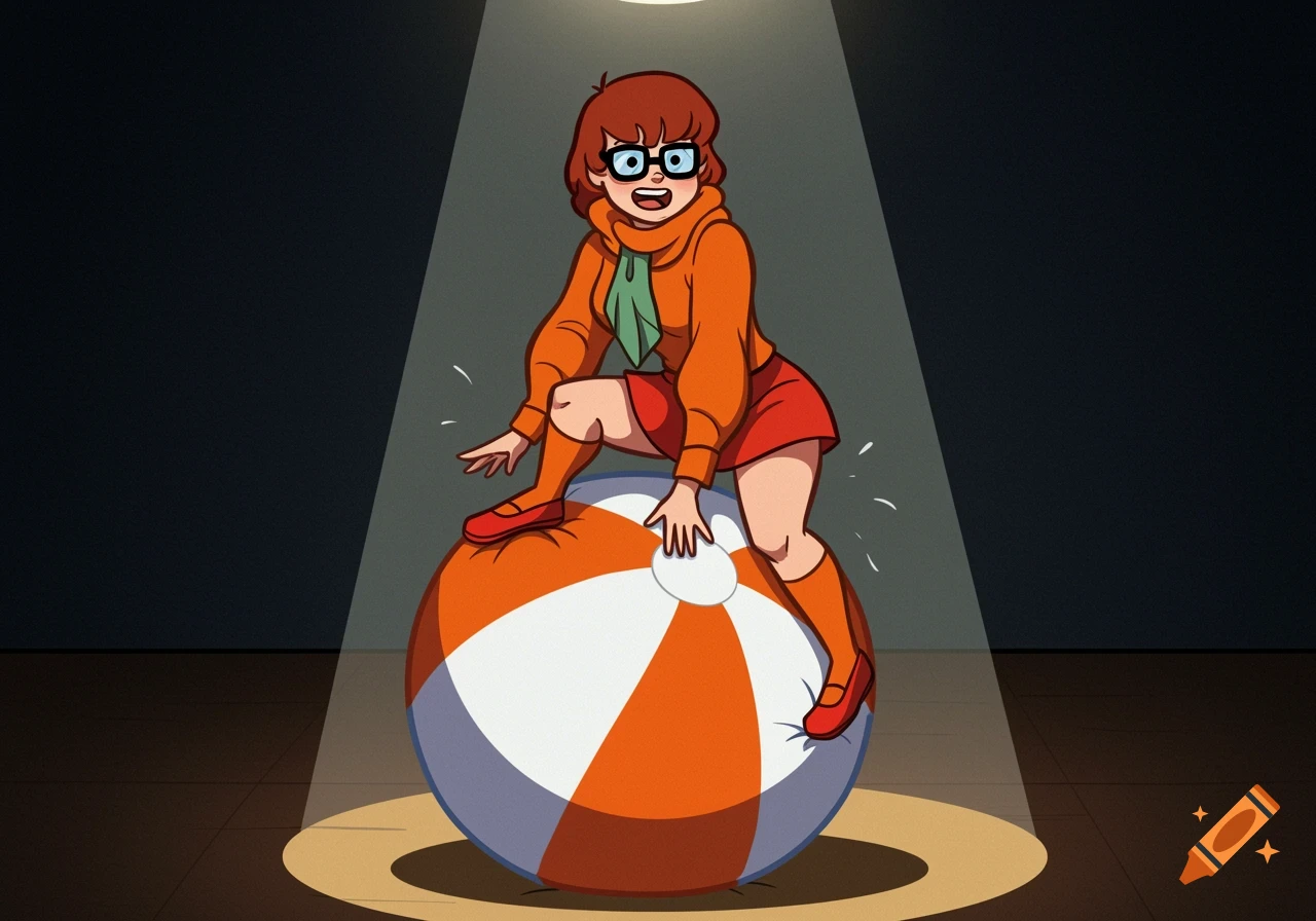 Cartoon Velma Dinkley in orange outfit balancing on a squishy beach ball under a spotlight on a stage.