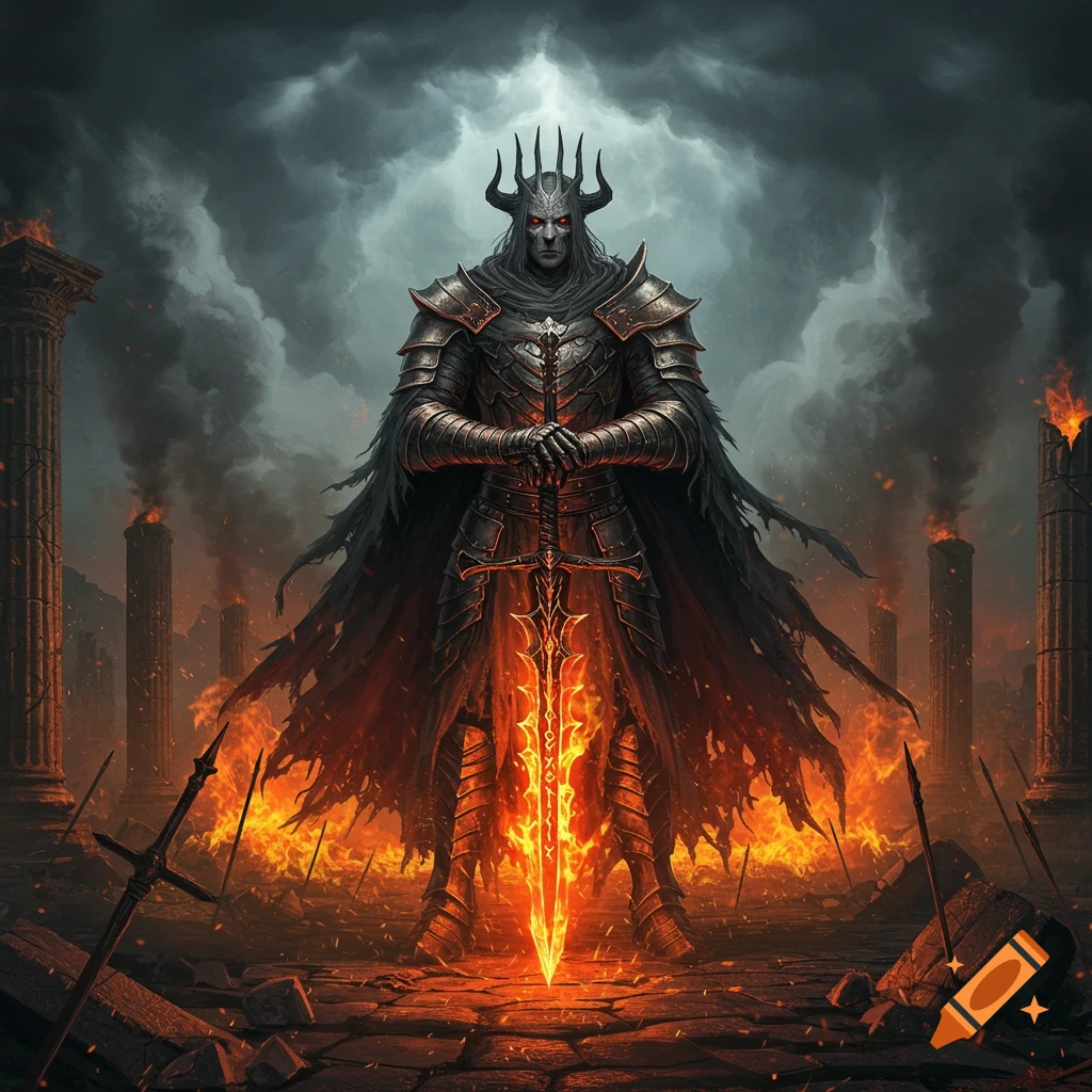 A dark armored lord with a horned crown stands amidst a fiery, ruined landscape, holding a glowing, ornate sword.